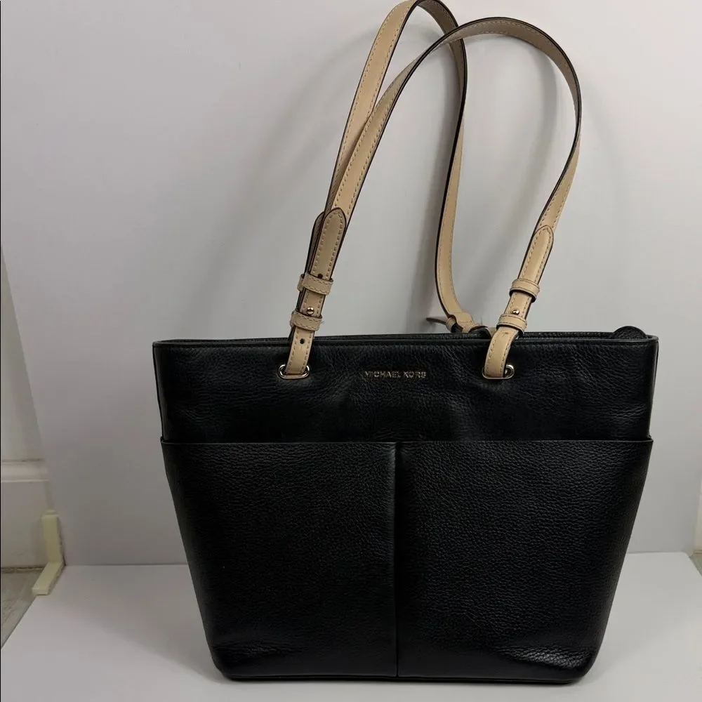Michael Kors Black Pebbled Leather Tote Bag Beige Straps Large Shoulder Purse